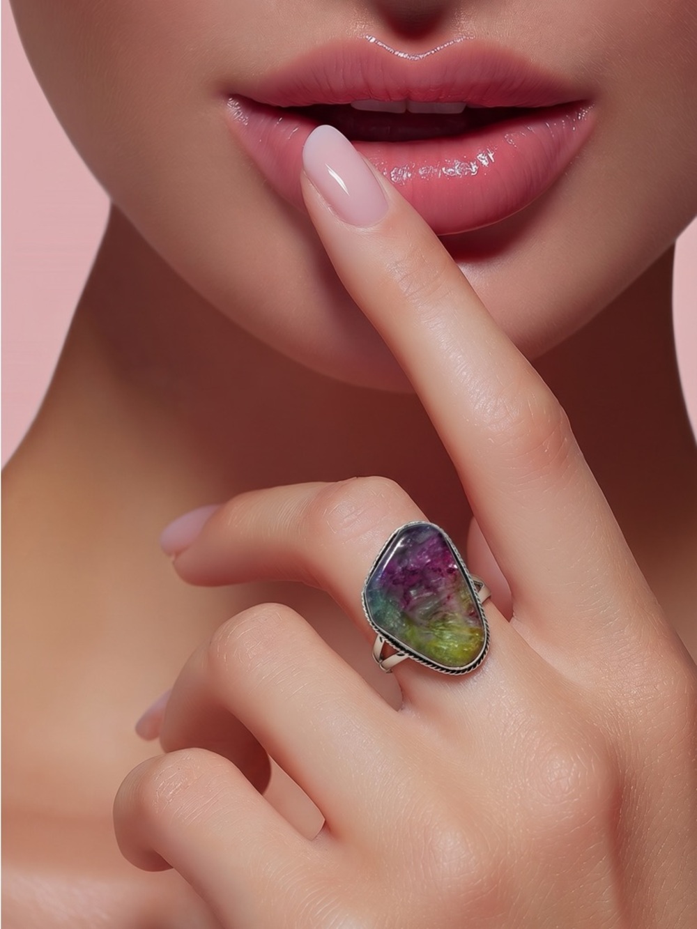 Rainbow Solar Quartz Adjustable Sterling Silver Overlay Ring‎ 4.5–7.5